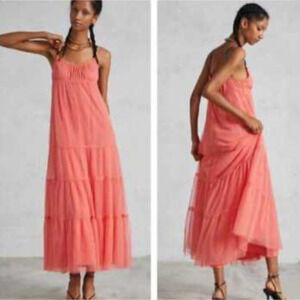 Maeve Anthropologie M Tulle Maxi Dress Coral Pink Tiered Flowy Boho Babydoll NEW